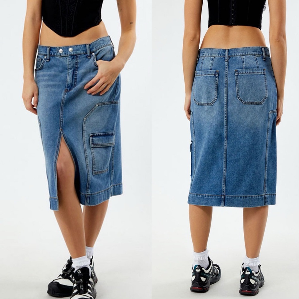 CIRCUS‎ NY Carpenter Cargo Denim Midi Skirt Womens Size 26 Side Show Blue NEW